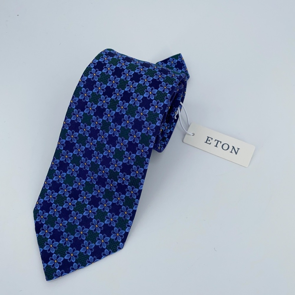 Eton Mens Floral Silk Classic Fit Necktie Blue Green Made in Italy NWT